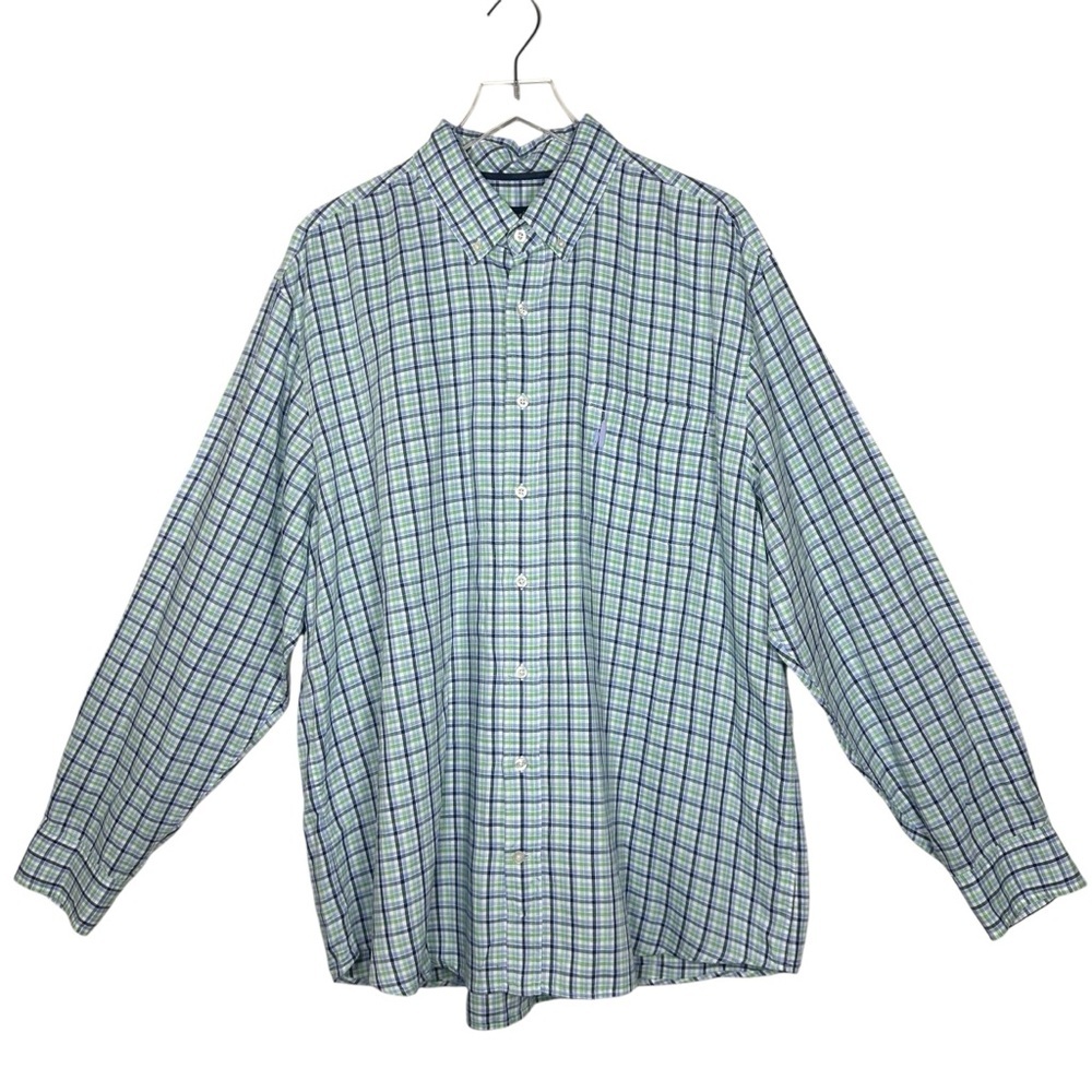 Johnnie-O XXL Men's Plaid Long Sleeve Shirt Linen Cotton Blend Blue Green